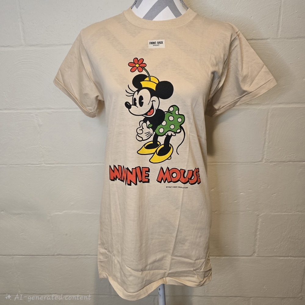 Vintage 70s Disney Minnie Mouse Double Sided Shirt Beige Single Stitch MEDIUM.